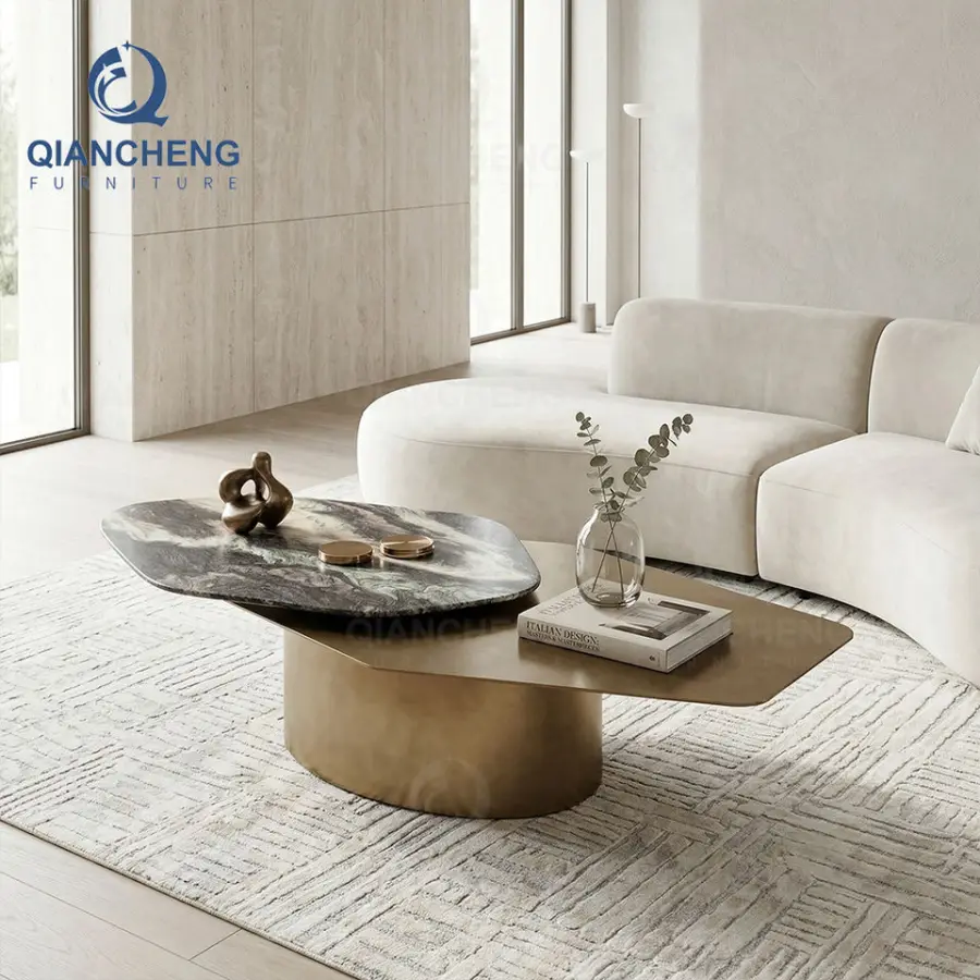 QIANCHENG Luxury Furniture Modern Moroccan Stainless Steel Marble Granite Top Multifunctional Coffee Table — view 1