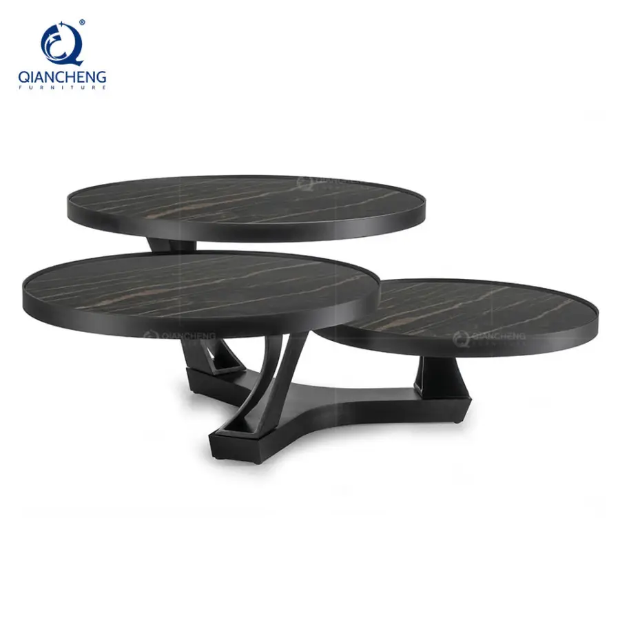 High-end Luxury Modern Furniture Sintered Stone End Table Metal Legs Round Art Iron Base Coffee Table Living Room — view 1
