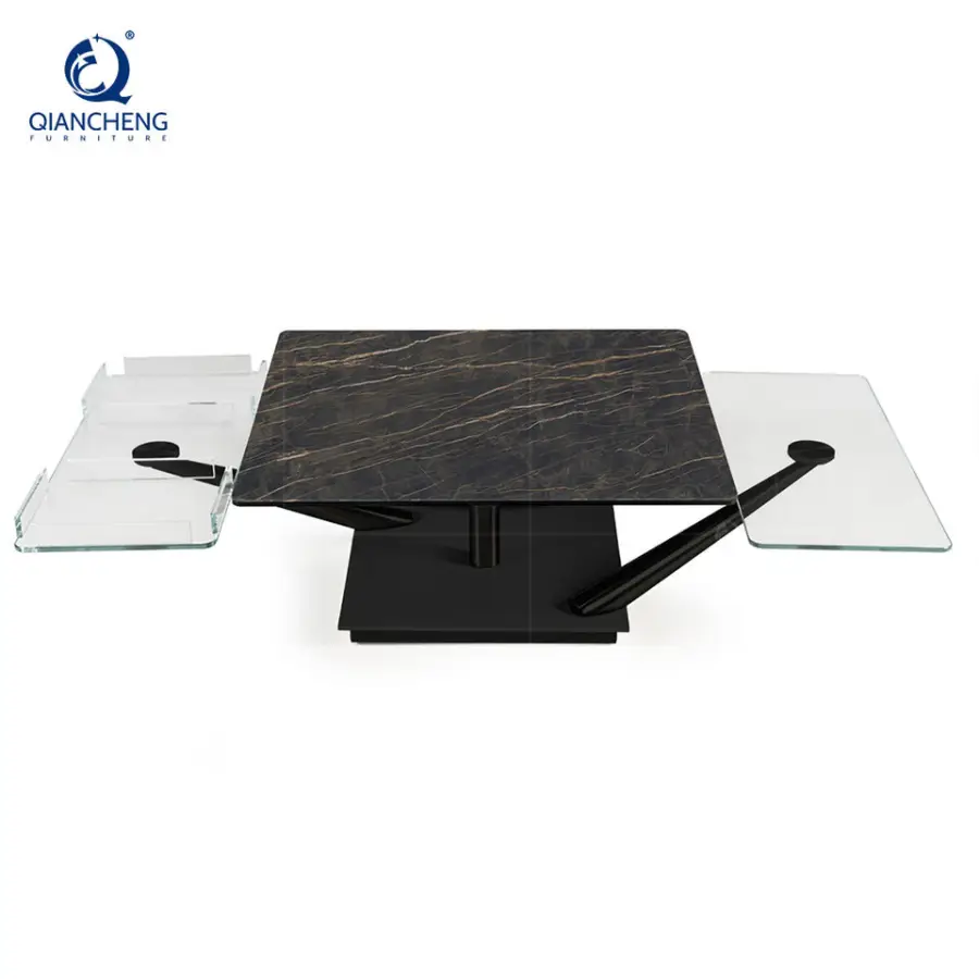 Wholesale Modern Style Stainless Steel Legs Swivel Coffee Table with Motional Ceramic Rock Plate Glass Top Rotary Center Table — image 3