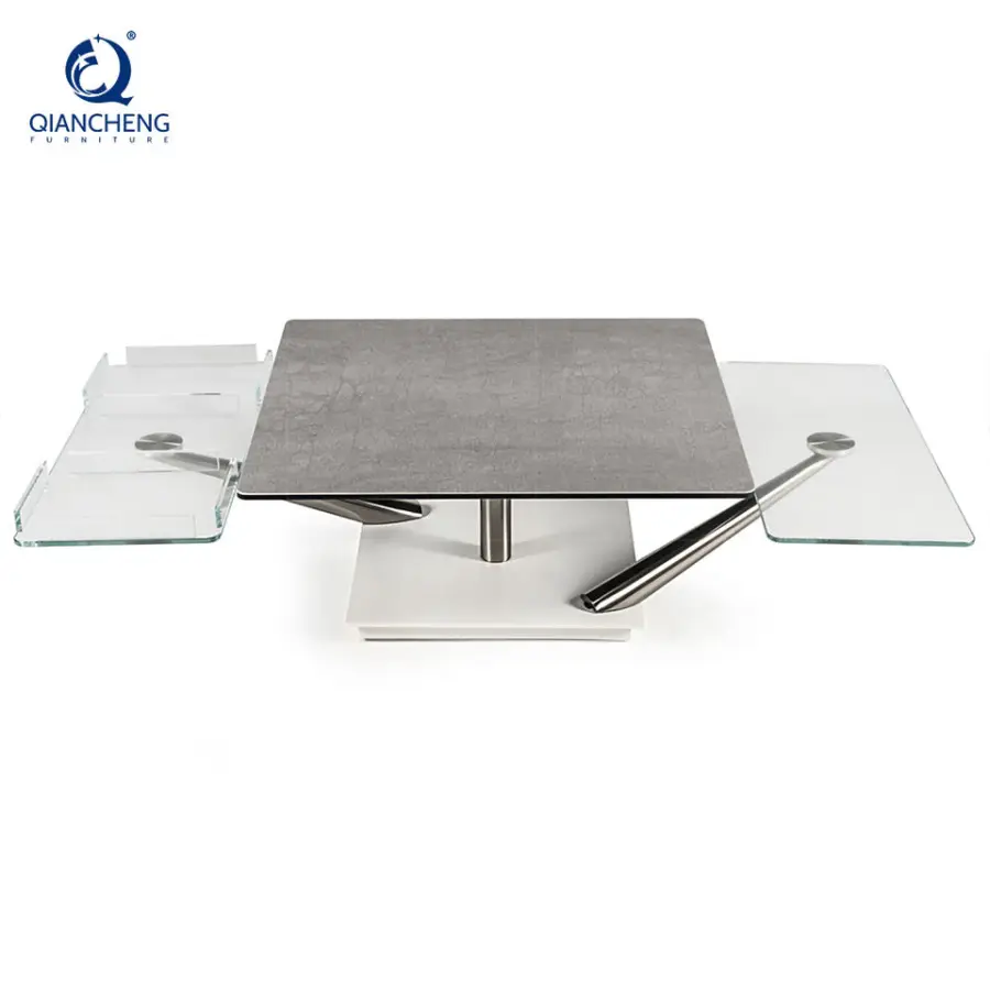 Wholesale Modern Style Stainless Steel Legs Swivel Coffee Table with Motional Ceramic Rock Plate Glass Top Rotary Center Table — image 4