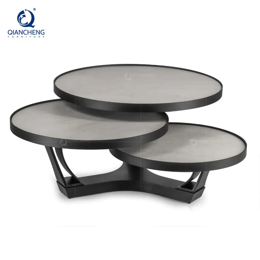 High-end Luxury Modern Furniture Sintered Stone End Table Metal Legs Round Art Iron Base Coffee Table Living Room — image 3