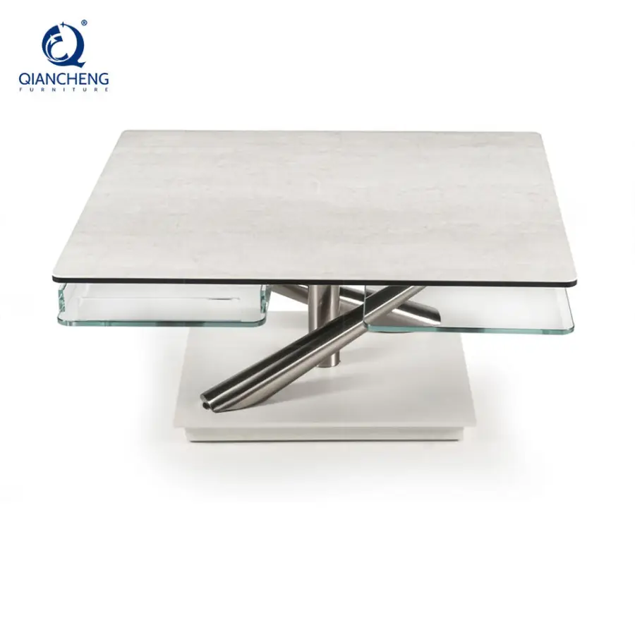 Wholesale Modern Style Stainless Steel Legs Swivel Coffee Table with Motional Ceramic Rock Plate Glass Top Rotary Center Table — image 5