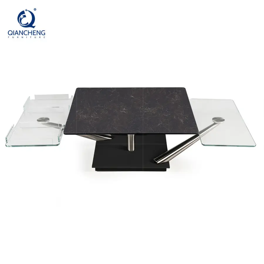 Wholesale Modern Style Stainless Steel Legs Swivel Coffee Table with Motional Ceramic Rock Plate Glass Top Rotary Center Table — image 6