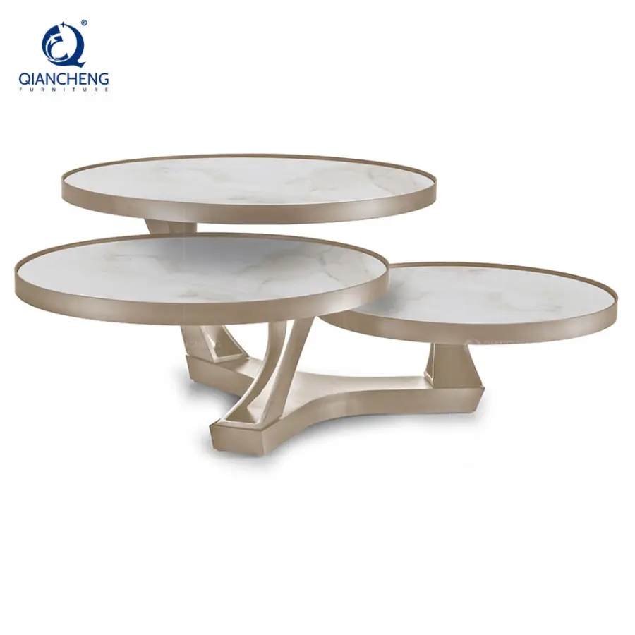High-end Luxury Modern Furniture Sintered Stone End Table Metal Legs Round Art Iron Base Coffee Table Living Room — image 4