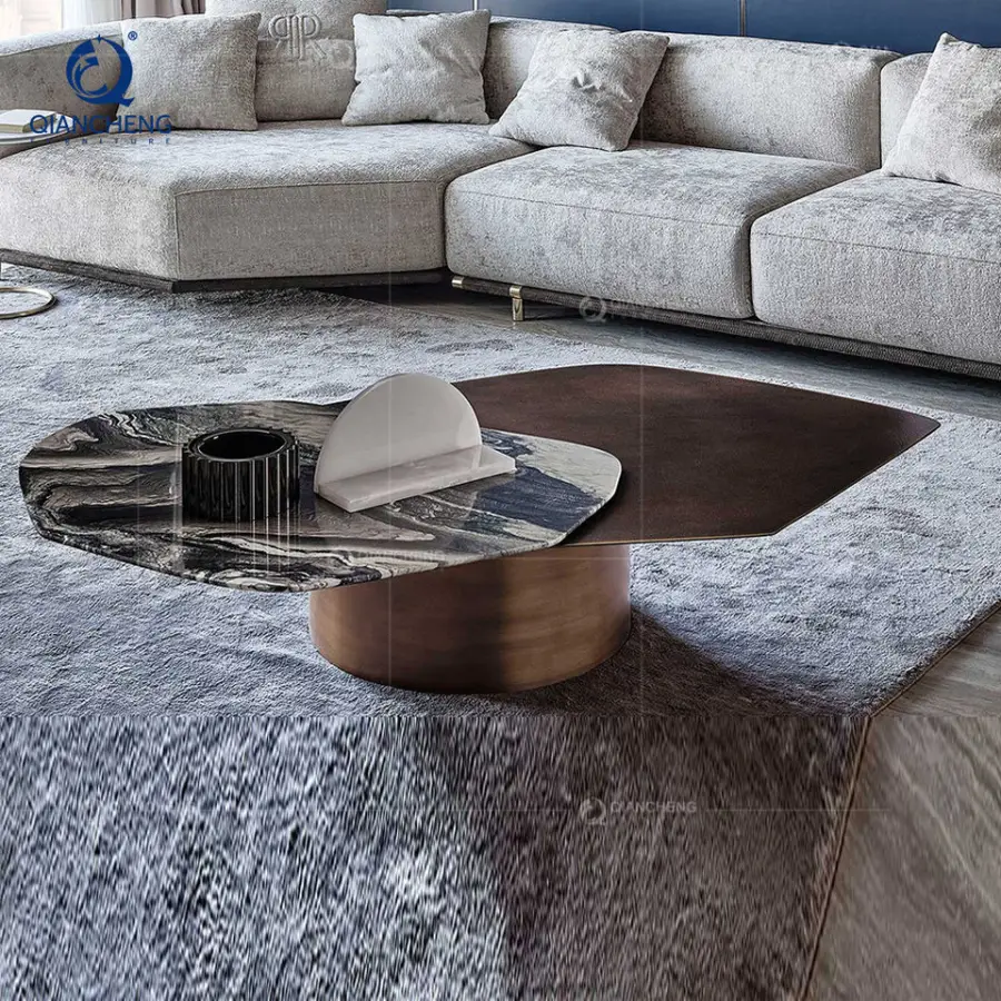 QIANCHENG Luxury Furniture Modern Moroccan Stainless Steel Marble Granite Top Multifunctional Coffee Table — image 5