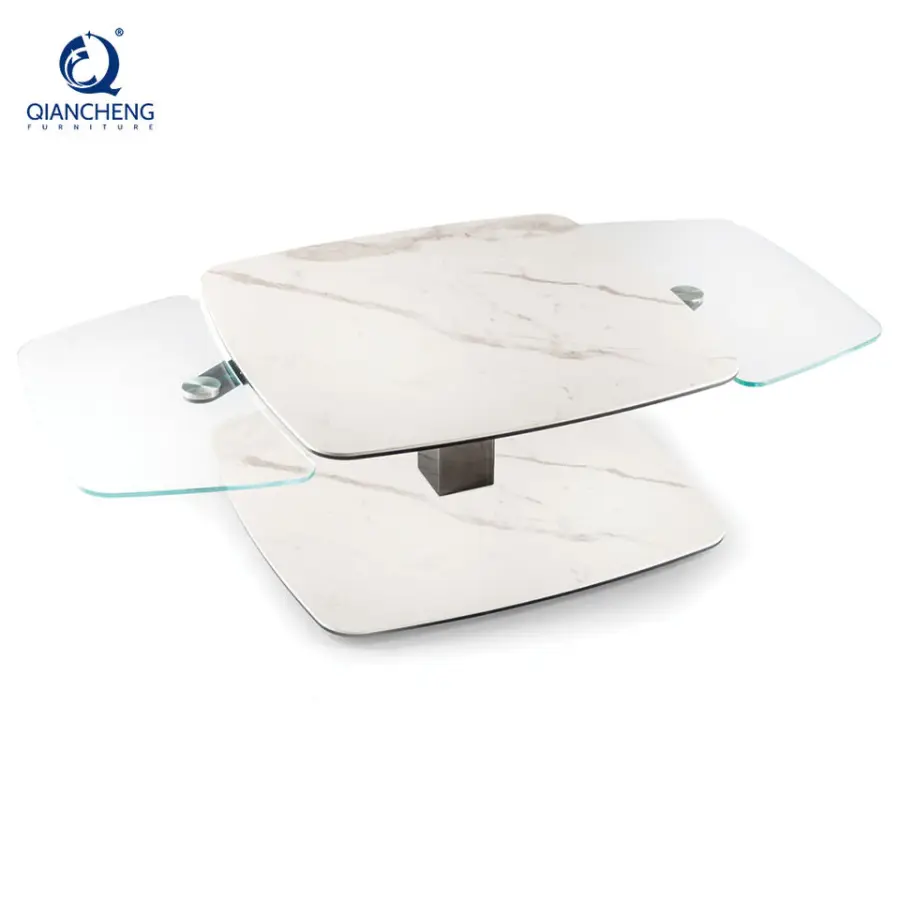 Modern Furniture Manufacturer Extendable Feature Irregular Rotatable Stainless Steel Frame Sintered Stone Top Coffee Table Set — image 3