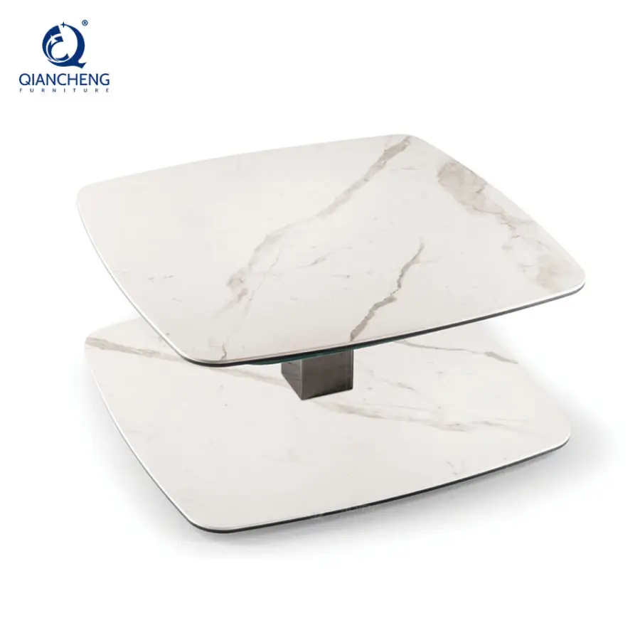 Modern Furniture Manufacturer Extendable Feature Irregular Rotatable Stainless Steel Frame Sintered Stone Top Coffee Table Set — image 5