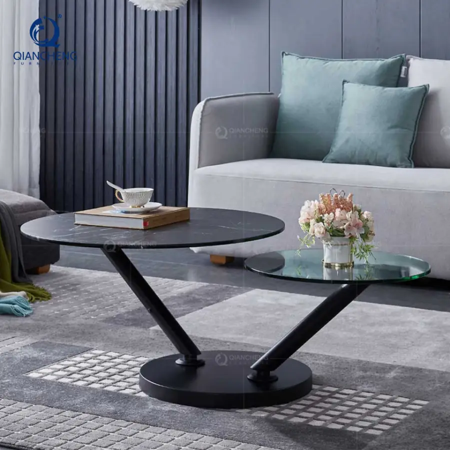 Nordic Modern Simple Circle Glass Rock Plate Sofa Side Table Multifunction Round Metal Rotation Coffee Table Luxury Furn — view 1