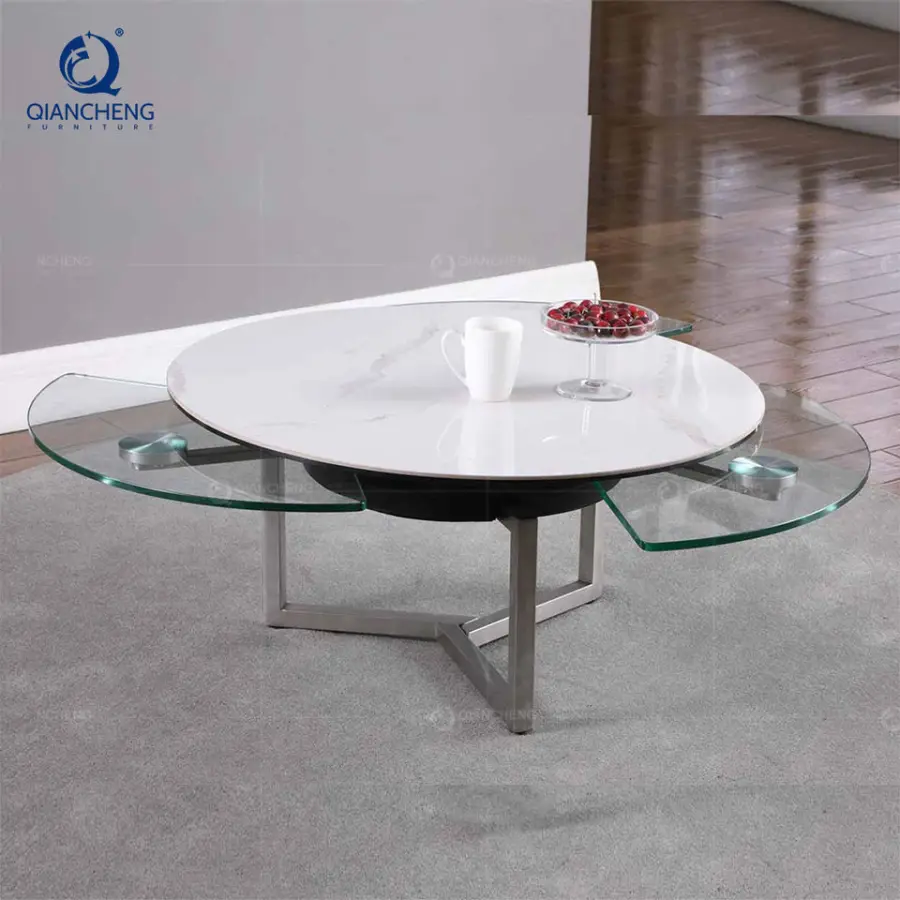 Foshan Wholesale Modern Style Stainless Steel Swivel Coffee Table with Motional Ceramic Rock Plate Glass Top Rotary Cent — view 1