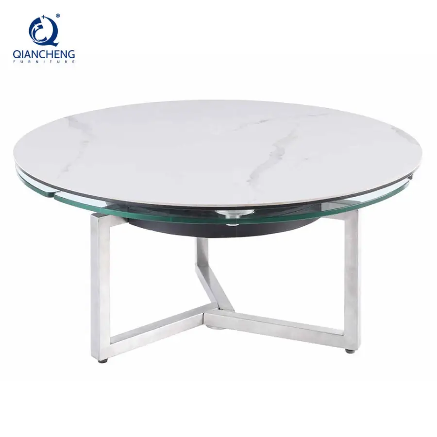 Foshan Wholesale Modern Style Stainless Steel Swivel Coffee Table with Motional Ceramic Rock Plate Glass Top Rotary Center Table — image 4