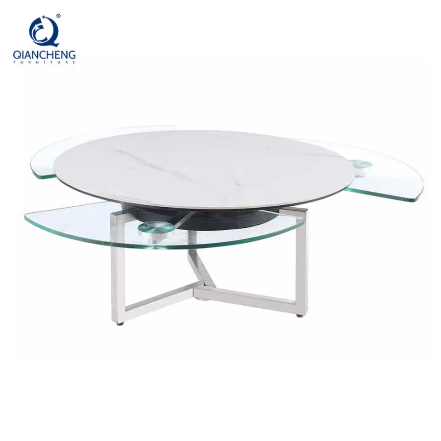 Foshan Wholesale Modern Style Stainless Steel Swivel Coffee Table with Motional Ceramic Rock Plate Glass Top Rotary Center Table — image 5