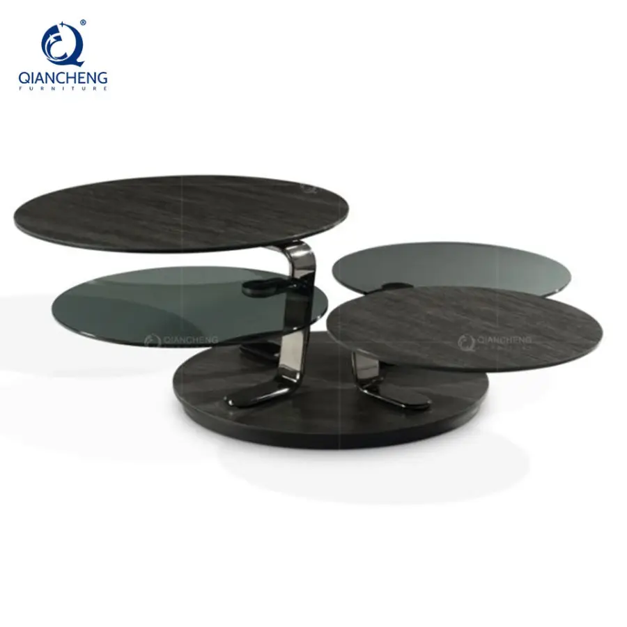 Modern Luxury Good Quality Stainless Steel Base Round Glass Rock Beam Swivel Coffee Table Set for Living Room Furniture — view 1