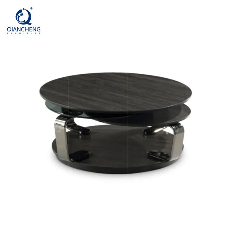 Modern Luxury Good Quality Stainless Steel Base Round Glass Rock Beam Swivel Coffee Table Set for Living Room Furniture — image 3