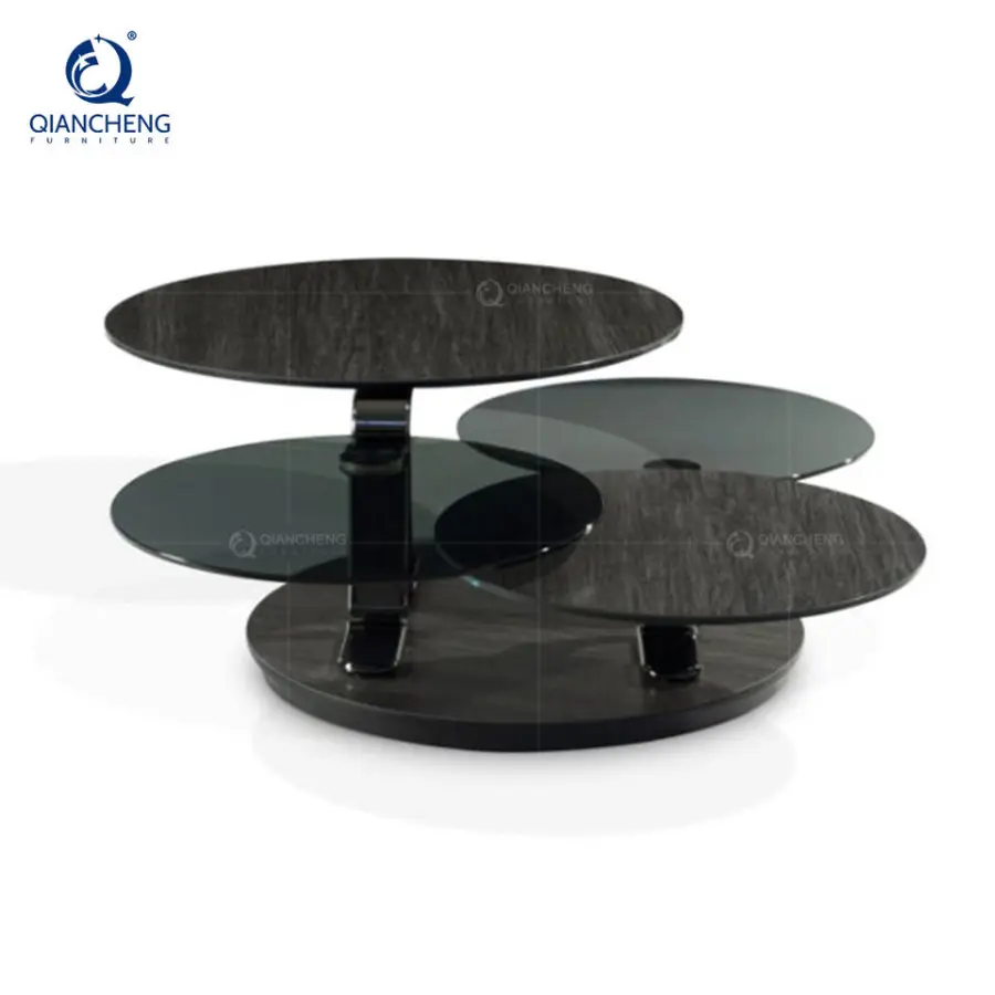 Modern Luxury Good Quality Stainless Steel Base Round Glass Rock Beam Swivel Coffee Table Set for Living Room Furniture — image 4