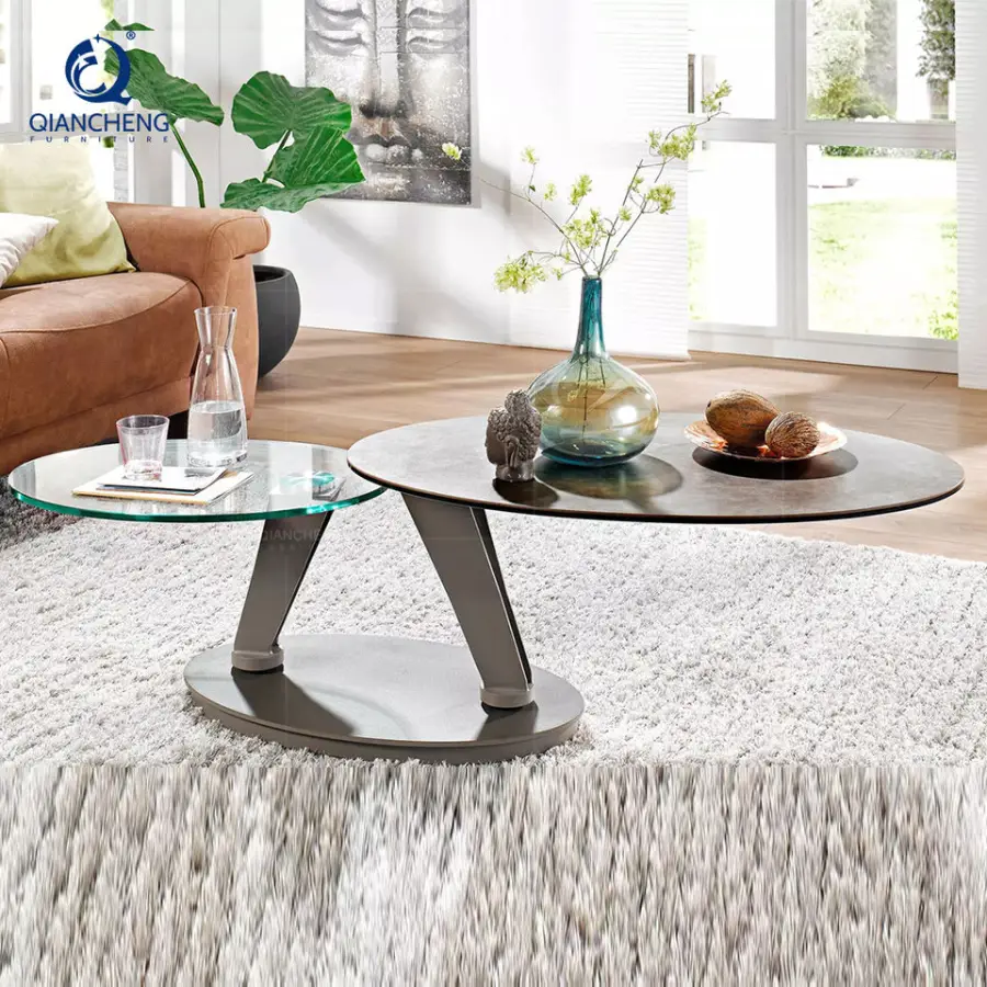 Wholesale Modern Italian Home Furniture Metal Frame Ceramic Rock Slab Transparent Tempered Glass Oval Rotating Coffee Ta — view 1