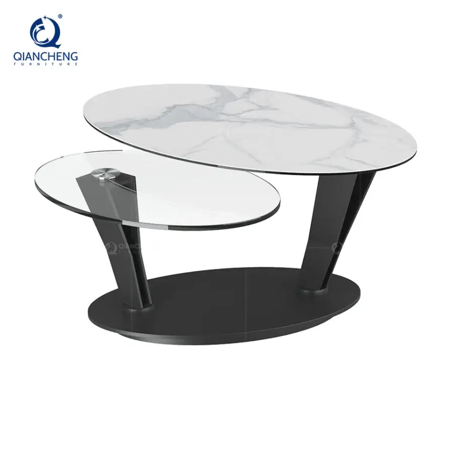 Wholesale Modern Italian Home Furniture Metal Frame Ceramic Rock Slab Transparent Tempered Glass Oval Rotating Coffee Table — image 3