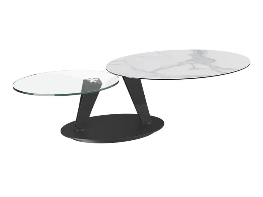 Wholesale Modern Italian Home Furniture Metal Frame Ceramic Rock Slab Transparent Tempered Glass Oval Rotating Coffee Table — image 4