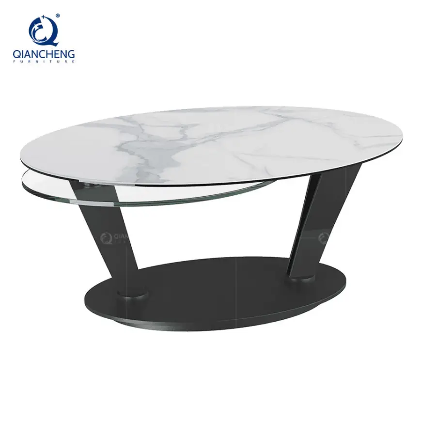 Wholesale Modern Italian Home Furniture Metal Frame Ceramic Rock Slab Transparent Tempered Glass Oval Rotating Coffee Table — image 5