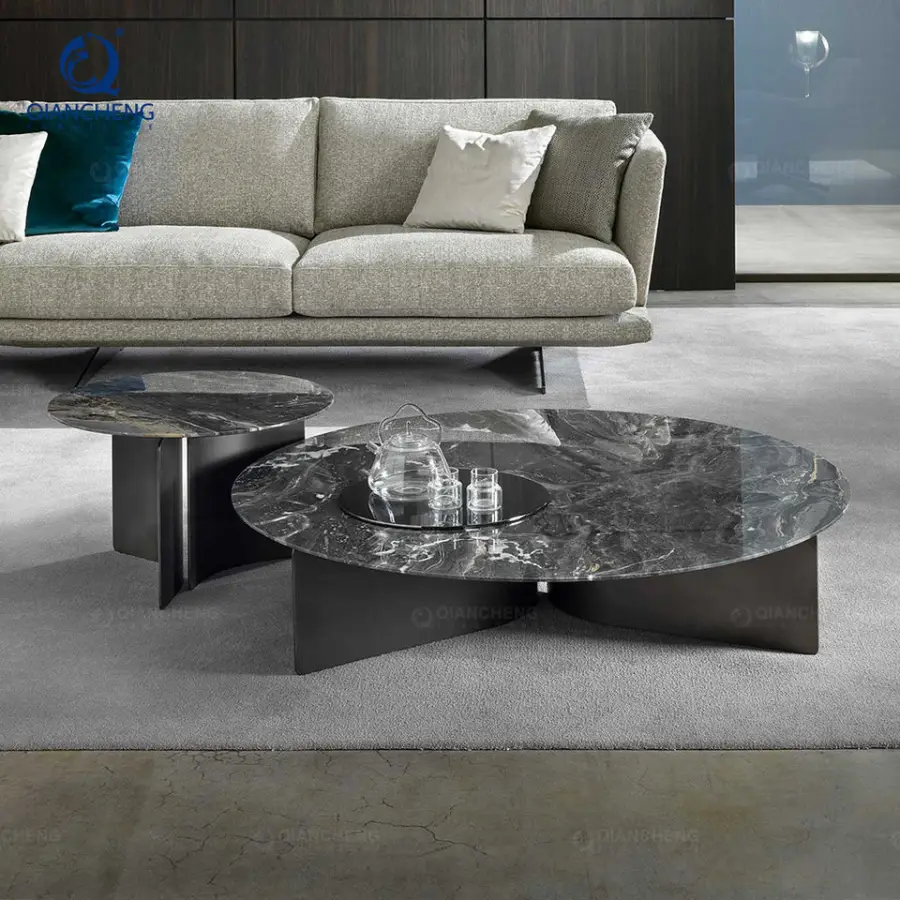 Minimalist Design Round Center Table for Living Room Artificial Marble Top Coffee Table Set with Steel Base Home Furnitu — view 1