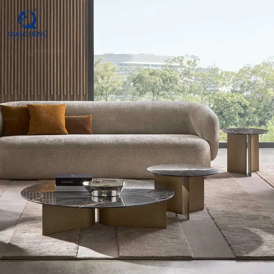 Minimalist Design Round Center Table for Living Room Artificial Marble Top Coffee Table Set with Steel Base Home Furniture — image 3