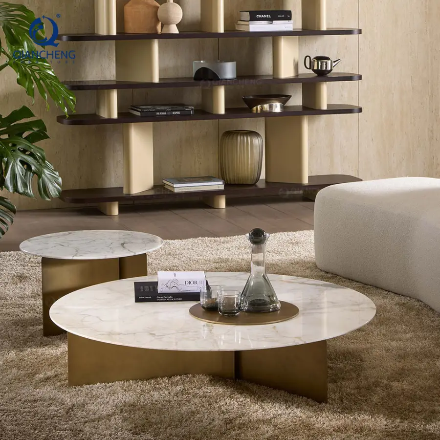 Minimalist Design Round Center Table for Living Room Artificial Marble Top Coffee Table Set with Steel Base Home Furniture — image 4