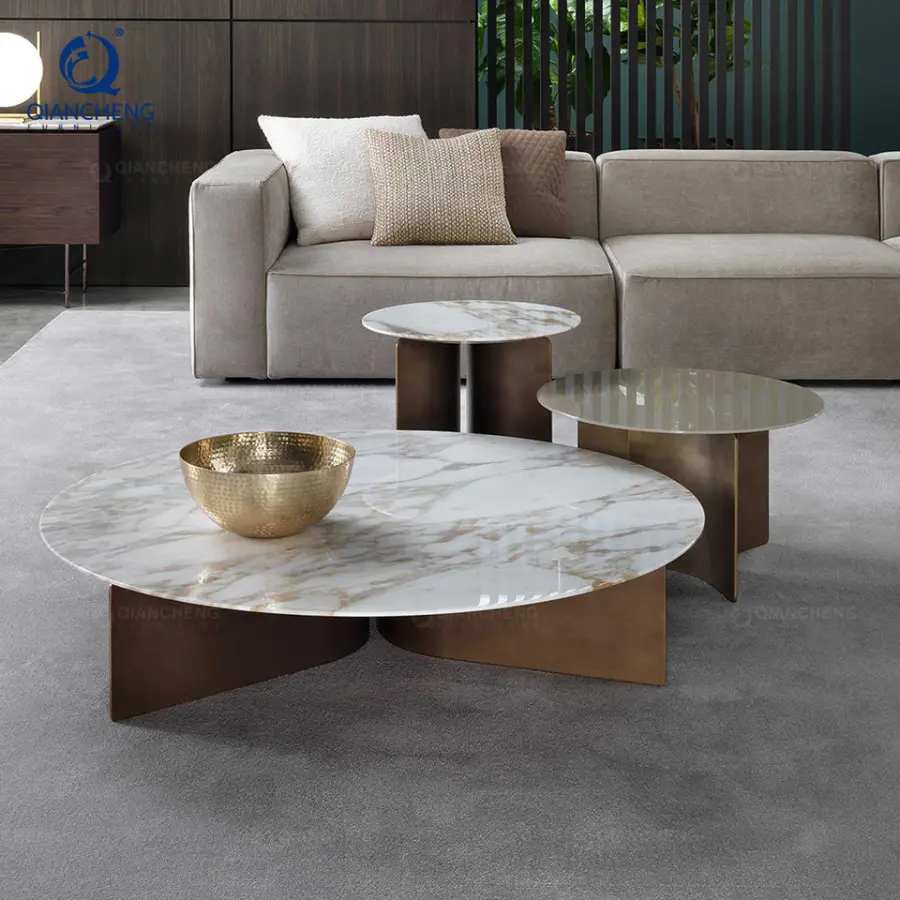 Minimalist Design Round Center Table for Living Room Artificial Marble Top Coffee Table Set with Steel Base Home Furniture — image 5