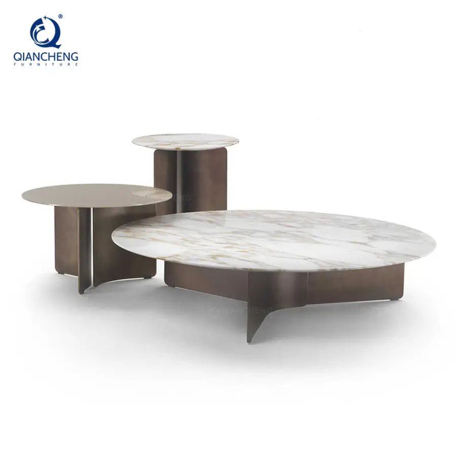 Minimalist Design Round Center Table for Living Room Artificial Marble Top Coffee Table Set with Steel Base Home Furniture — image 6