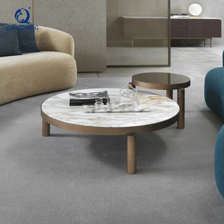 OEM China Minimalist Design Coffee Table Set Bronze Metal Frame Sintered Stone Top Center Table Living Room Furniture Tea Table — image 6