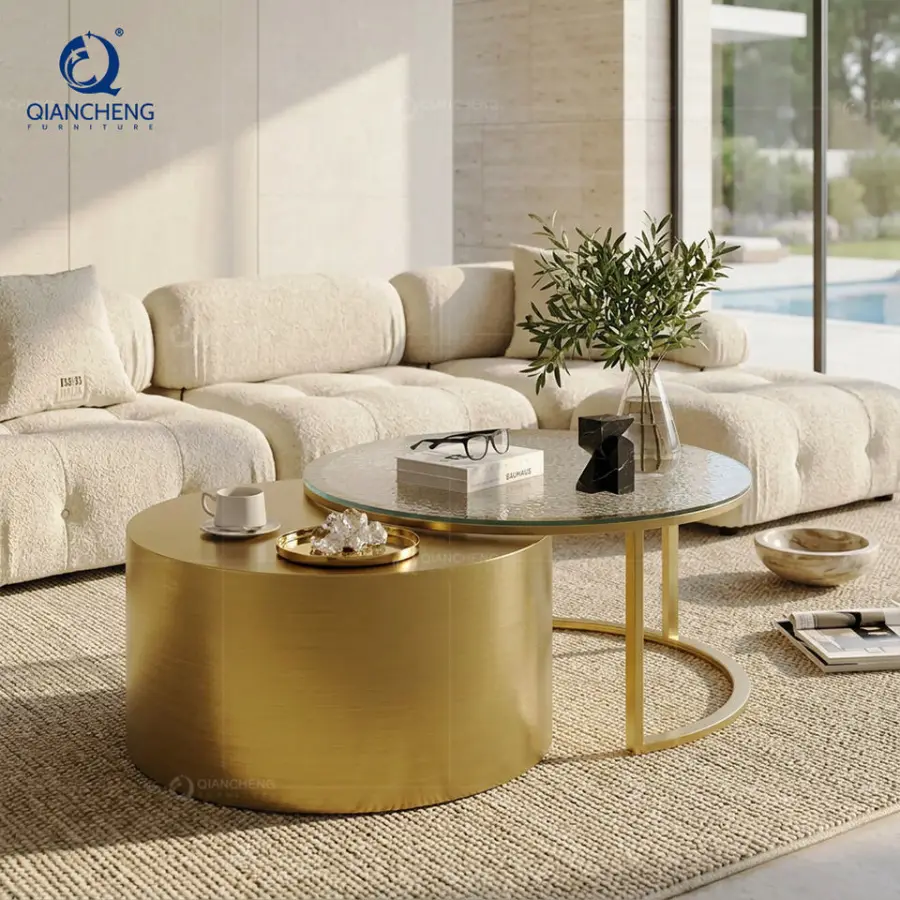 Modern Luxury Round Gold Nesting Coffee Table Set Hammered Glass Top Stainless Steel Center Table for Living Room Furnit — view 1
