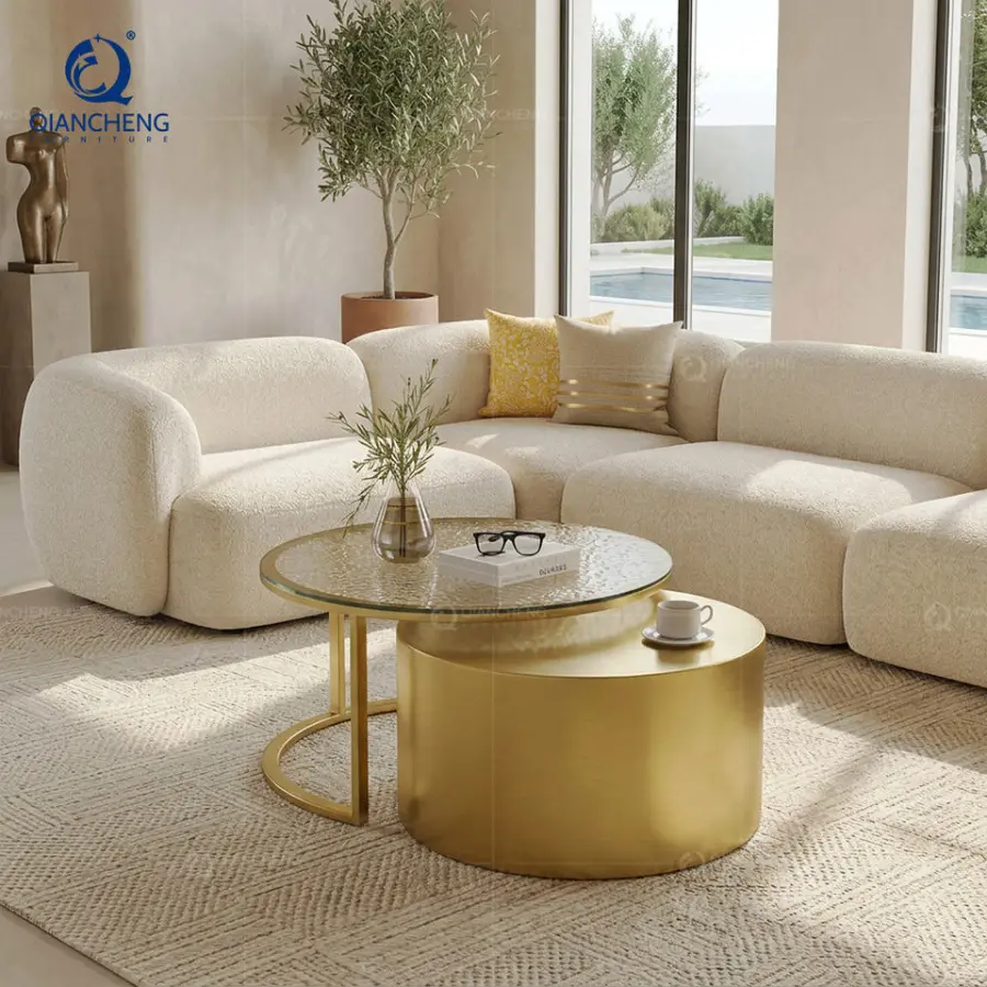 Modern Luxury Round Gold Nesting Coffee Table Set Hammered Glass Top Stainless Steel Center Table for Living Room Furniture — image 3