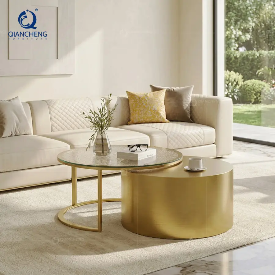 Modern Luxury Round Gold Nesting Coffee Table Set Hammered Glass Top Stainless Steel Center Table for Living Room Furniture — image 4