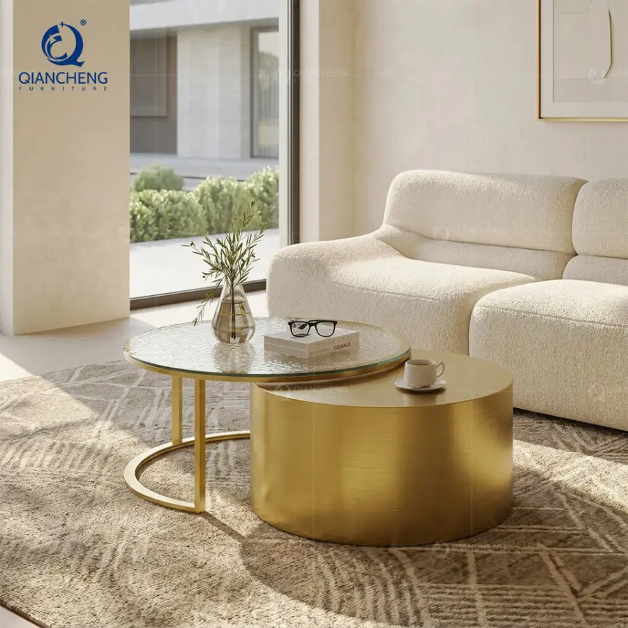 Modern Luxury Round Gold Nesting Coffee Table Set Hammered Glass Top Stainless Steel Center Table for Living Room Furniture — image 5