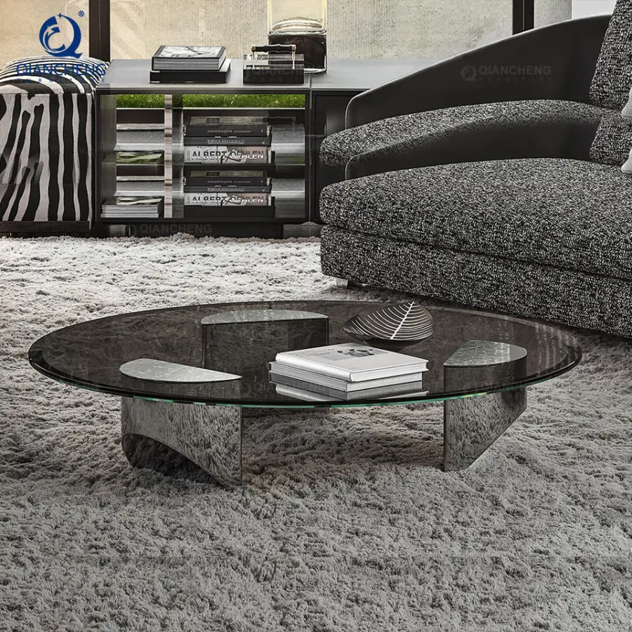 QIANCHENG Luxury Furniture Nesting Mesas De Centro De Lujo Brass Stainless Steel Tempering Black Glass Coffee Table — view 1