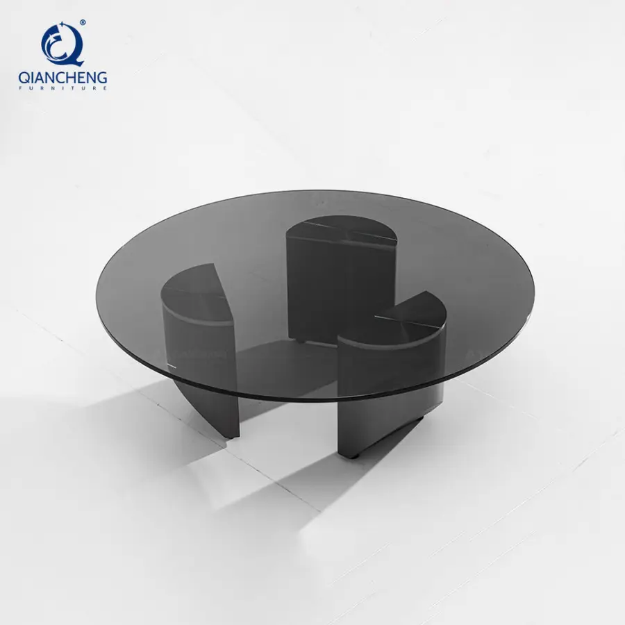 QIANCHENG Luxury Furniture Nesting Mesas De Centro De Lujo Brass Stainless Steel Tempering Black Glass Coffee Table — image 3