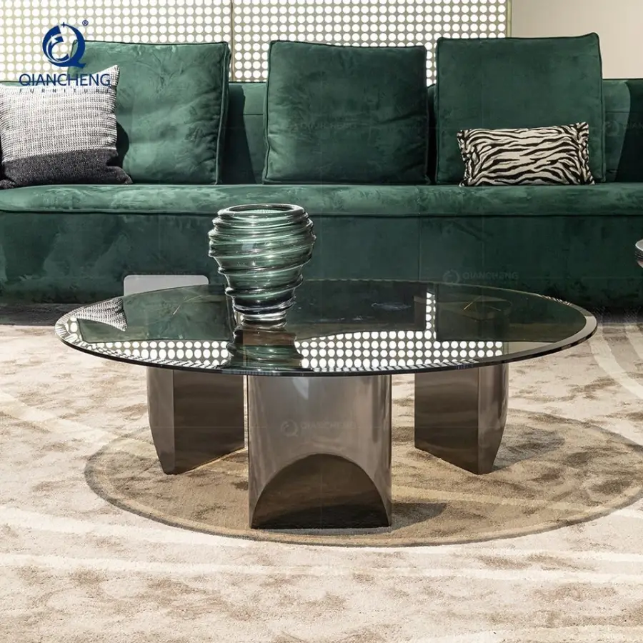 QIANCHENG Luxury Furniture Nesting Mesas De Centro De Lujo Brass Stainless Steel Tempering Black Glass Coffee Table — image 4