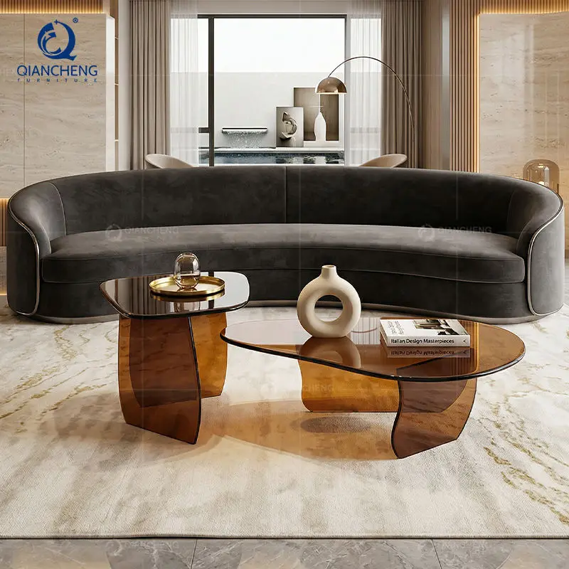 China Manufacturer Amber Hot Bent Glass Coffee Table Set Organic Shape Living Room Luxury Villa OEM Wholesale Foshan — view 1