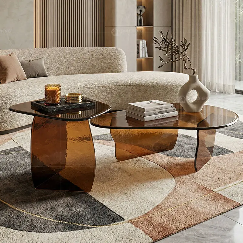 China Manufacturer Amber Hot Bent Glass Coffee Table Set Organic Shape Living Room Luxury Villa OEM Wholesale Foshan — image 3