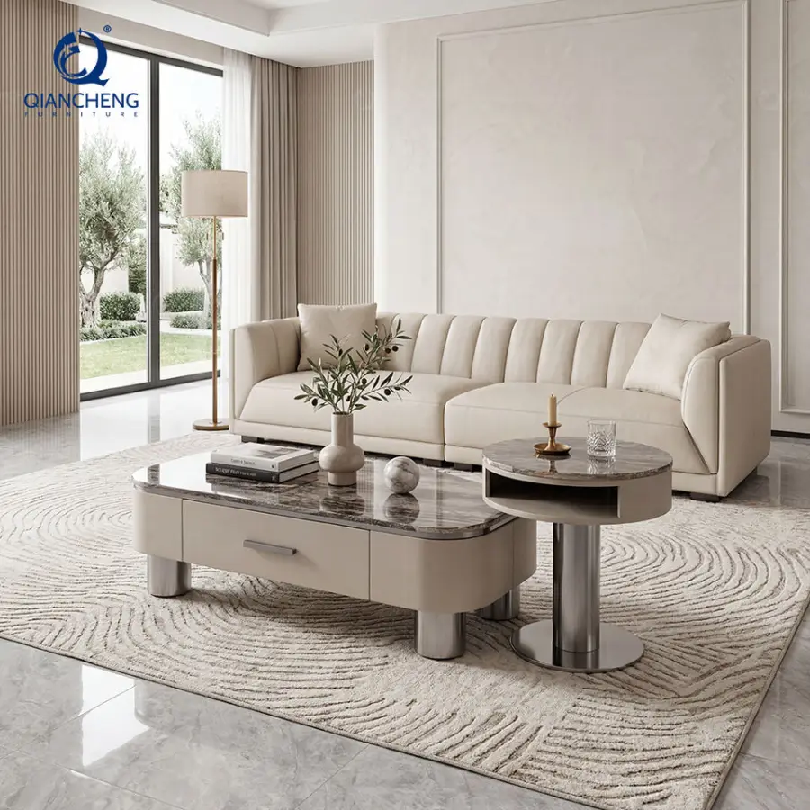Foshan Factory Coffee Table Set with Drawer 20mm Manmade Marble Top 201 Stainless Steel Nesting Center Table OEM Wholesale — image 4