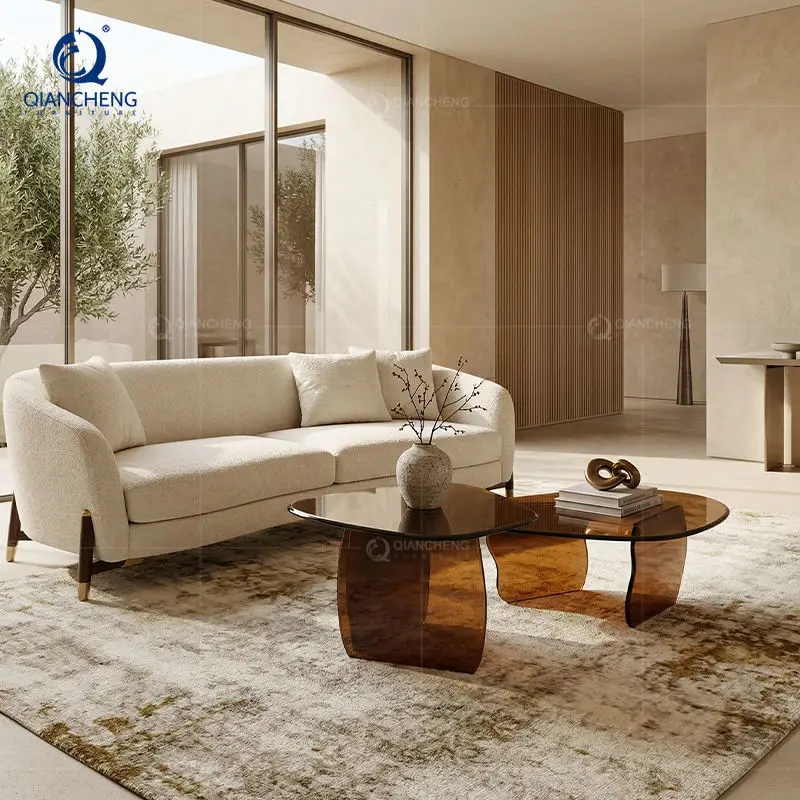 China Manufacturer Amber Hot Bent Glass Coffee Table Set Organic Shape Living Room Luxury Villa OEM Wholesale Foshan — image 4