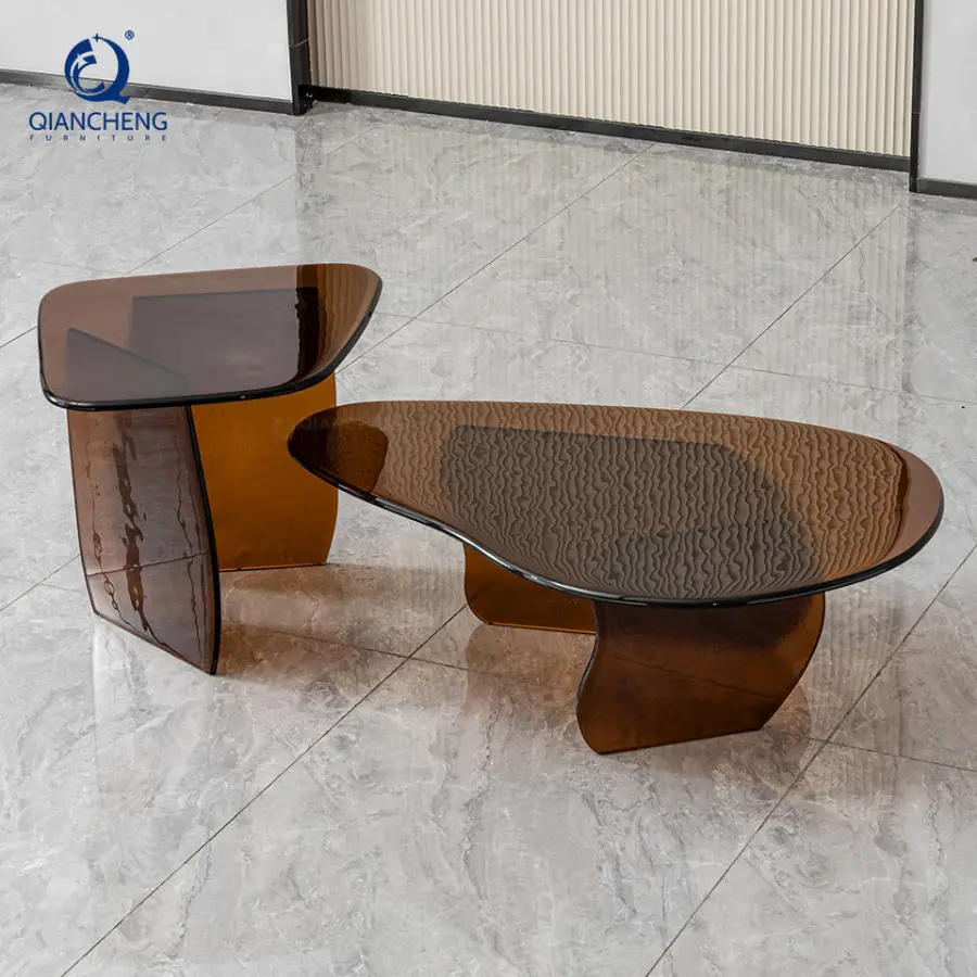 China Manufacturer Amber Hot Bent Glass Coffee Table Set Organic Shape Living Room Luxury Villa OEM Wholesale Foshan — image 5
