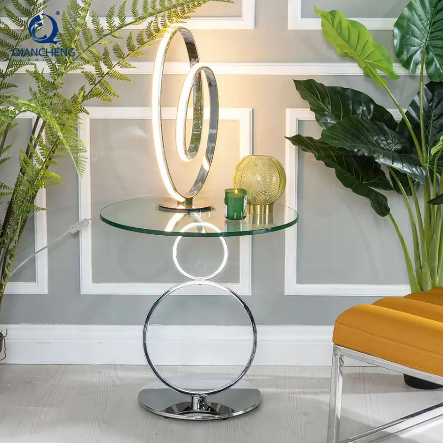 Modern Ring Pillar Glass Desktop Living Room Furniture Side Table Design Steel Base Sofa Corner Side Table — view 1