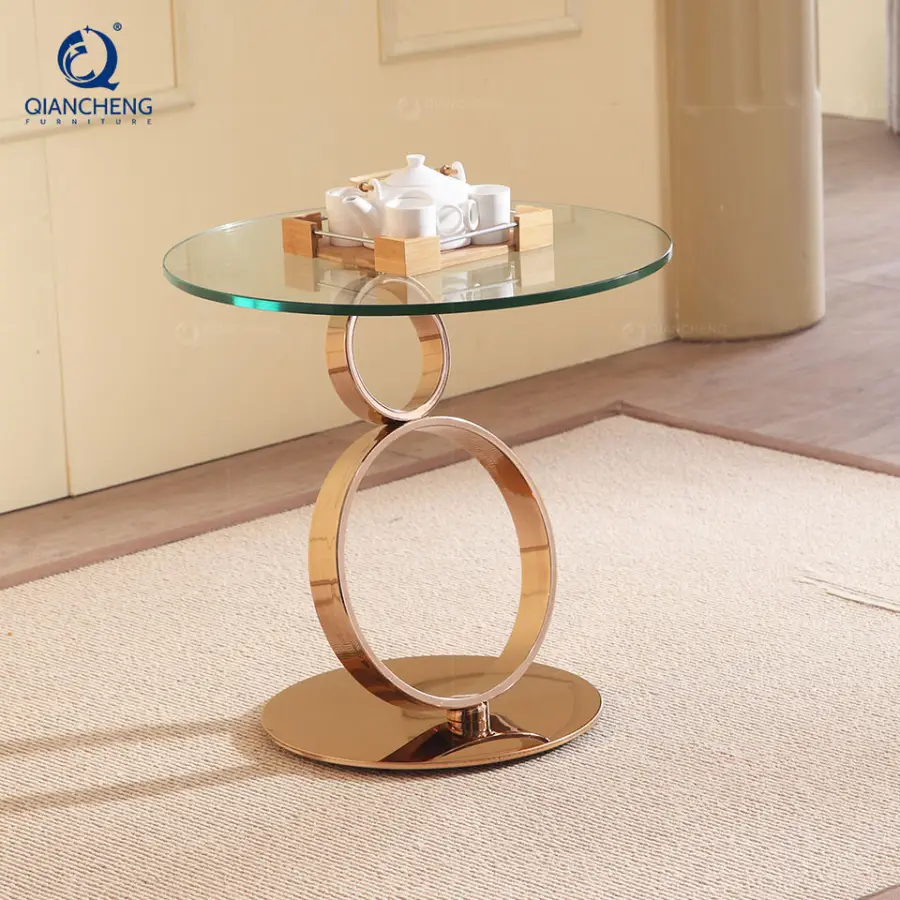 Modern Ring Pillar Glass Desktop Living Room Furniture Side Table Design Steel Base Sofa Corner Side Table — image 3
