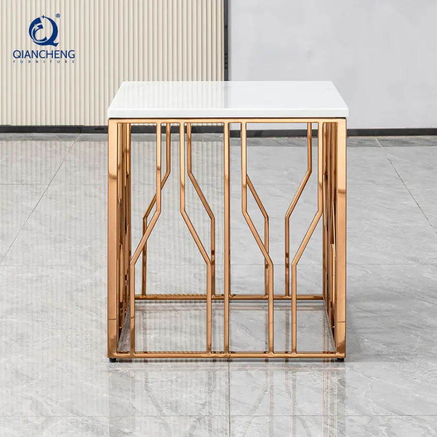 Nordic Style Square Living Room Furniture Marble Elegant Small Coffee Table Sofa Side Nightstands Table with Stainless Steel — image 3