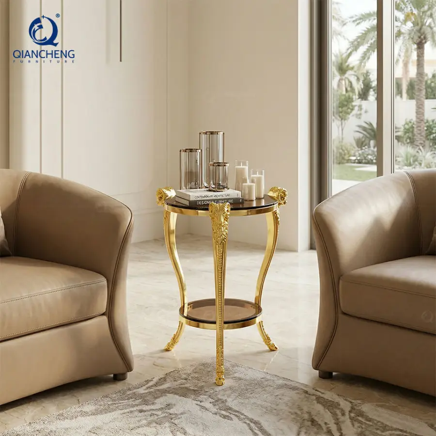 Customize Luxury Modern Rams Head Electroplating Small Glass Top Coffee Side Table With Golden Stainless Steel Frame — image 3