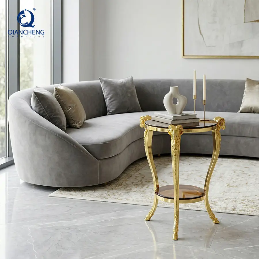 Customize Luxury Modern Rams Head Electroplating Small Glass Top Coffee Side Table With Golden Stainless Steel Frame — image 4