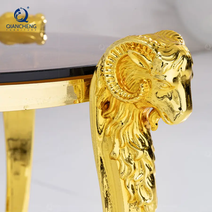 Customize Luxury Modern Rams Head Electroplating Small Glass Top Coffee Side Table With Golden Stainless Steel Frame — image 5