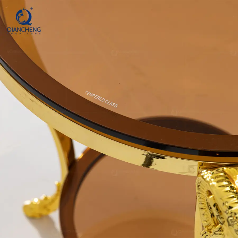 Customize Luxury Modern Rams Head Electroplating Small Glass Top Coffee Side Table With Golden Stainless Steel Frame — image 6
