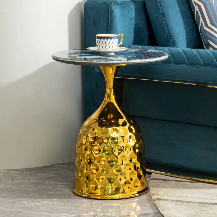 Wholesale Modern Style Custom Hammered Metal Coffee Table with Bedroom Nightstand Metal Iron Circular Natural Marble Sid — view 1