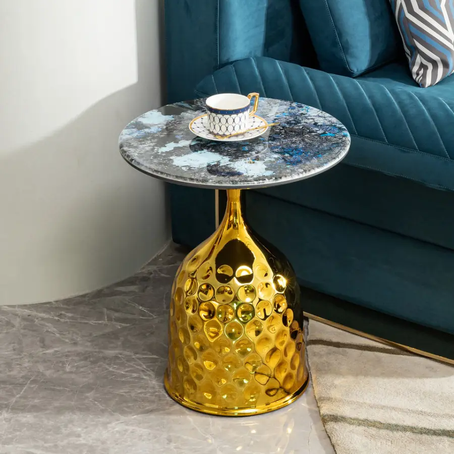 Wholesale Modern Style Custom Hammered Metal Coffee Table with Bedroom Nightstand Metal Iron Circular Natural Marble Side Table — image 3
