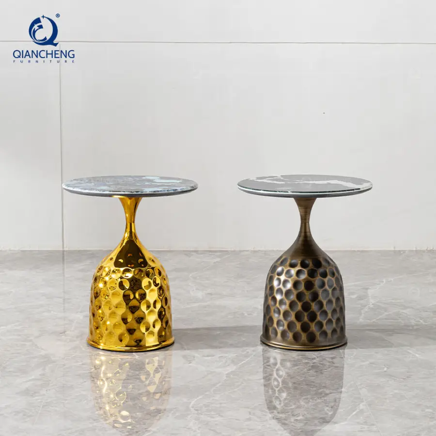 Wholesale Modern Style Custom Hammered Metal Coffee Table with Bedroom Nightstand Metal Iron Circular Natural Marble Side Table — image 4